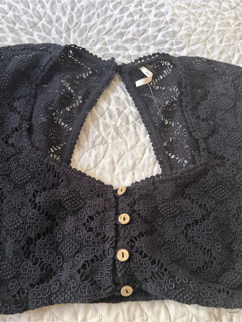 Free People Black Lace Cropped Button-Front Top
